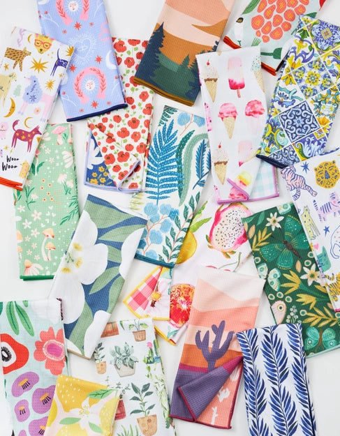 Collection of colorful fabric swatches with various patterns on a white background