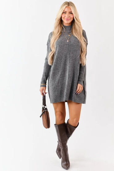 Cozy Knit Turtleneck Sweater Dress – Charcoal