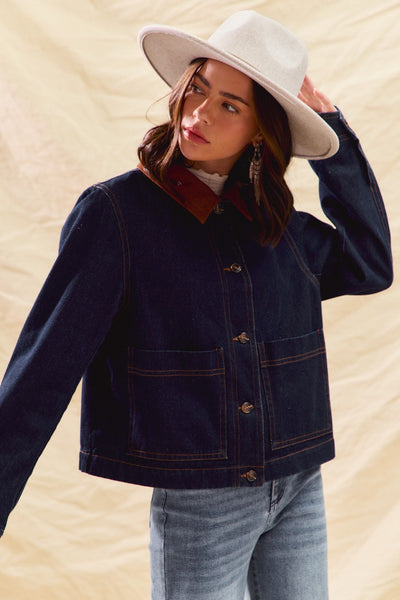 Denim Cropped Barn Jacket with Corduroy Collar