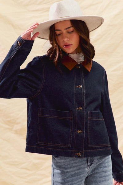 Denim Cropped Barn Jacket with Corduroy Collar