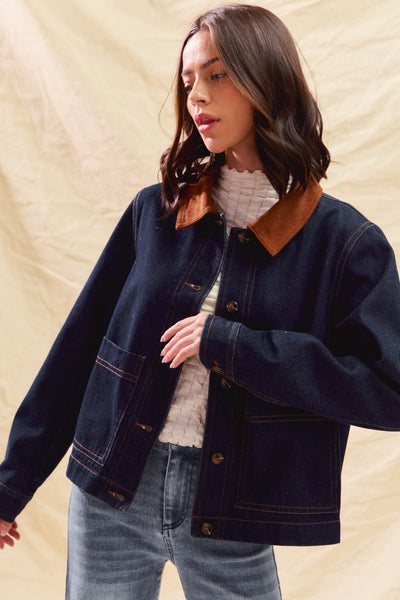 Denim Cropped Barn Jacket with Corduroy Collar