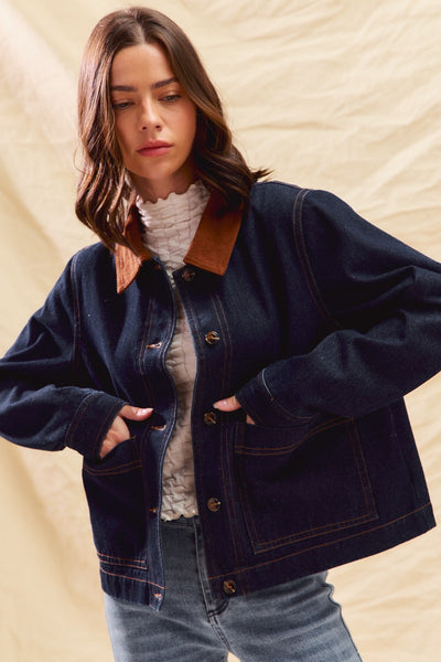 Denim Cropped Barn Jacket with Corduroy Collar