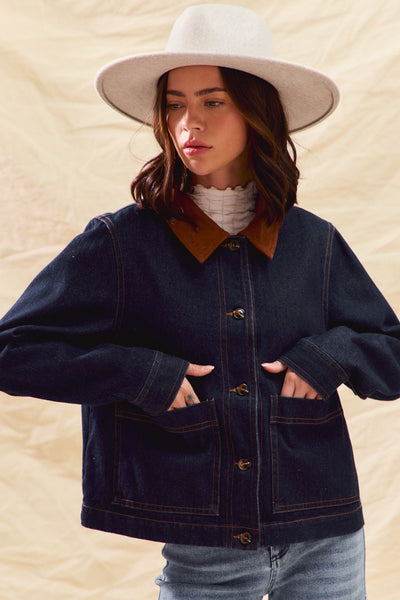 Denim Cropped Barn Jacket with Corduroy Collar