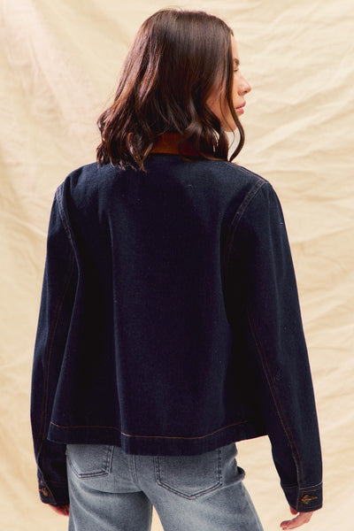 Denim Cropped Barn Jacket with Corduroy Collar