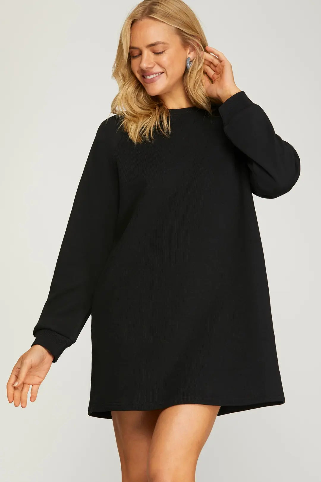 Black Sweatshirt Mini Dress with Pockets | Cozy Long Sleeve Dress L Black Sweatshirt Mini Dress with Pockets | Cozy Long Sleeve Dress L