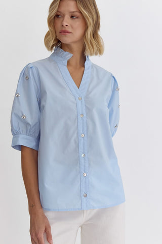 Charlotte Embellished Button Shirt Blue