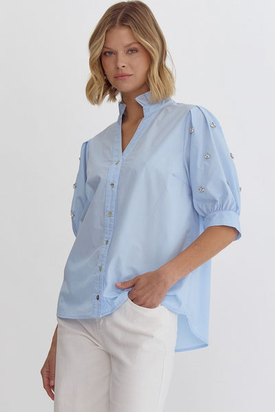 Charlotte Embellished Button Shirt Blue