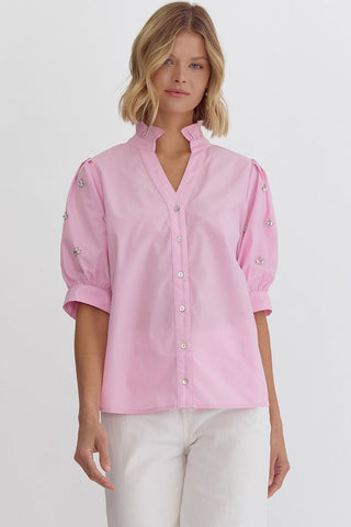 Charlotte Embellished Button Shirt Pink
