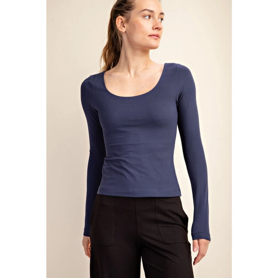Butter Round Neck Long Sleeve Top Navy