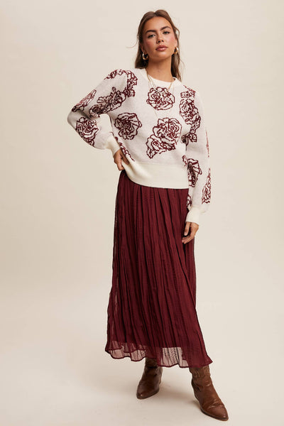 Floral Jacquard Puff-Sleeve Sweater