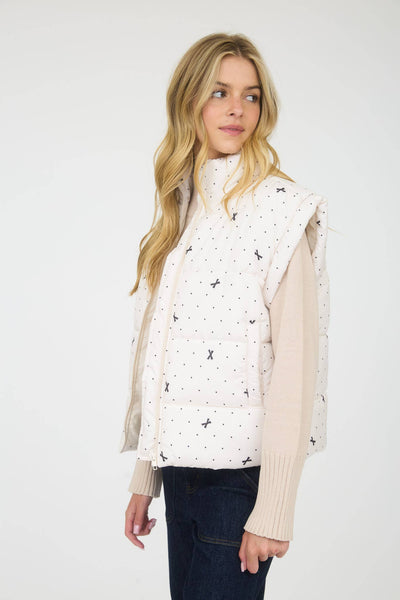White Polka Dot Bow Puffer Vest