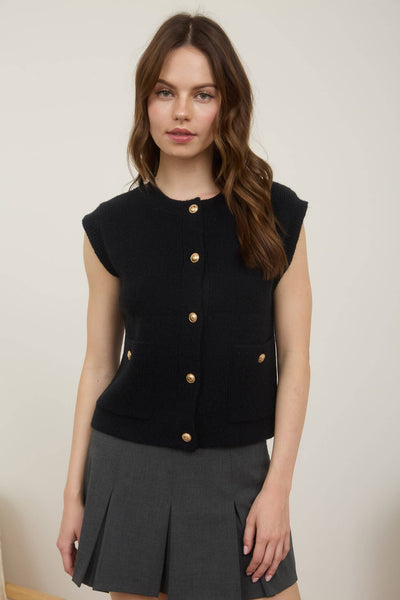 Gold Button Knit Vest Black