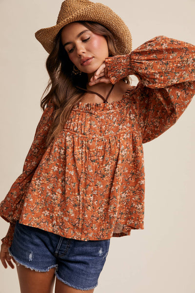 Square-Neck Floral Print Blouse
