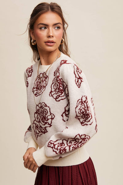 Floral Jacquard Puff-Sleeve Sweater