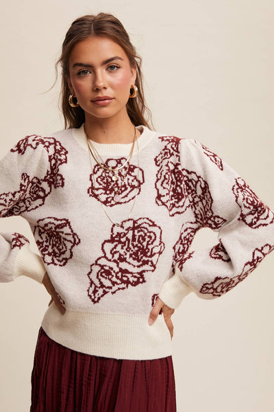 Floral Jacquard Puff-Sleeve Sweater