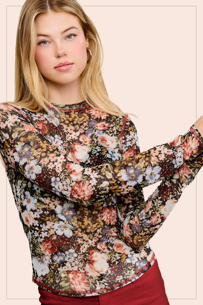 Semi Sheer Floral Mesh Top Black