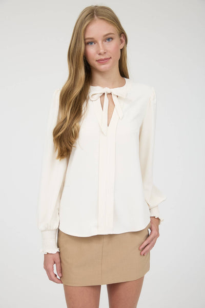 Cream Necktie Long Sleeve Top