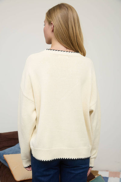 Cream Contrast Stitch Crewneck Sweater