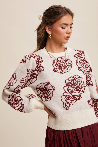 Floral Jacquard Puff-Sleeve Sweater