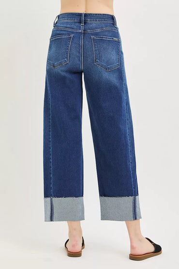RISEN Relaxed Fit Cropped Barrel Jeans with Cuffed Hem