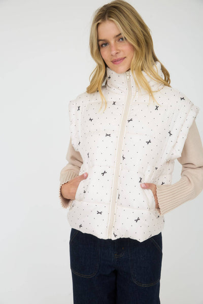 White Polka Dot Bow Puffer Vest