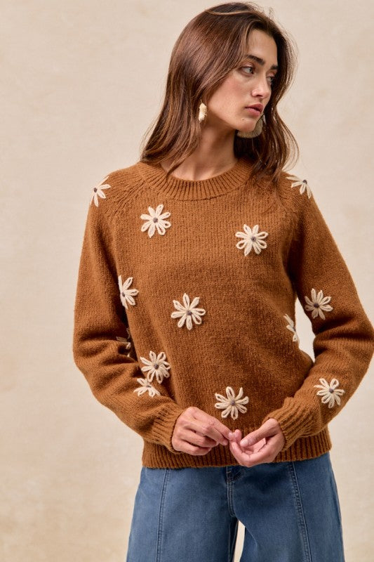 Floral Embroidered Sweater Mocha