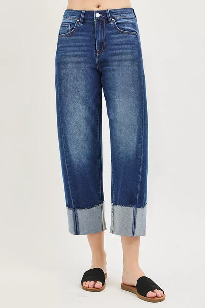 RISEN Relaxed Fit Cropped Barrel Jeans with Cuffed Hem