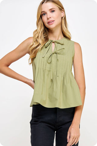 Pintuck Tie Sleeveless Top Olive