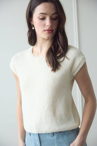 Back Tie Short Sleeve Sweater Cream