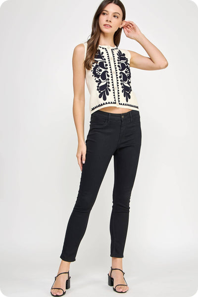 Embroidered Vest Top Ivory & Black