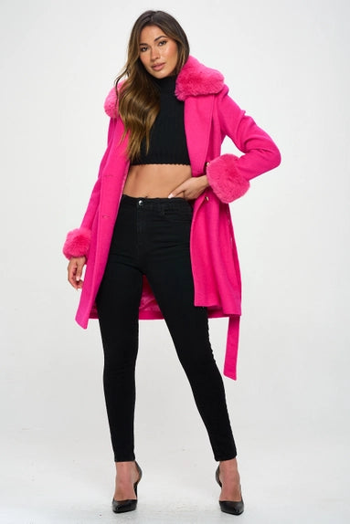 Wool Faux Fur Coat Hot Pink
