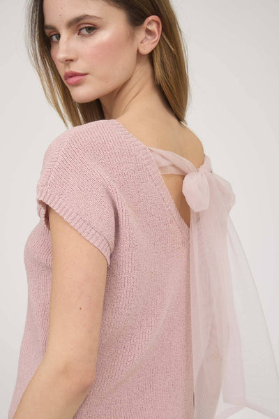 Back Tie Short Sleeve Sweater Pink