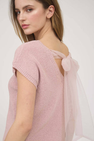 Back Tie Short Sleeve Sweater Pink