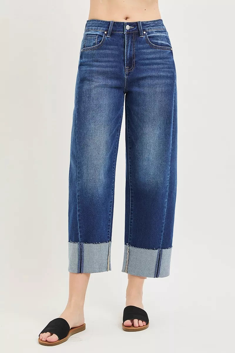 RISEN Relaxed Fit Cropped Barrel Jeans with Cuffed Hem