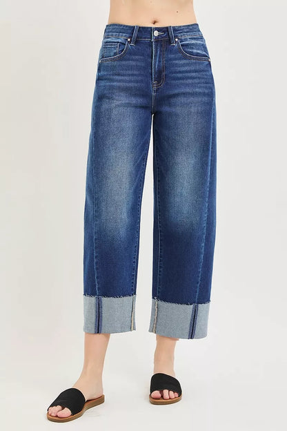 RISEN Relaxed Fit Cropped Barrel Jeans with Cuffed Hem