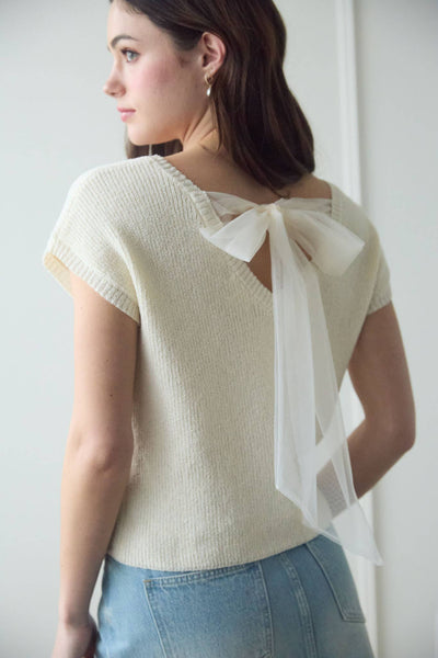 Back Tie Short Sleeve Sweater Cream