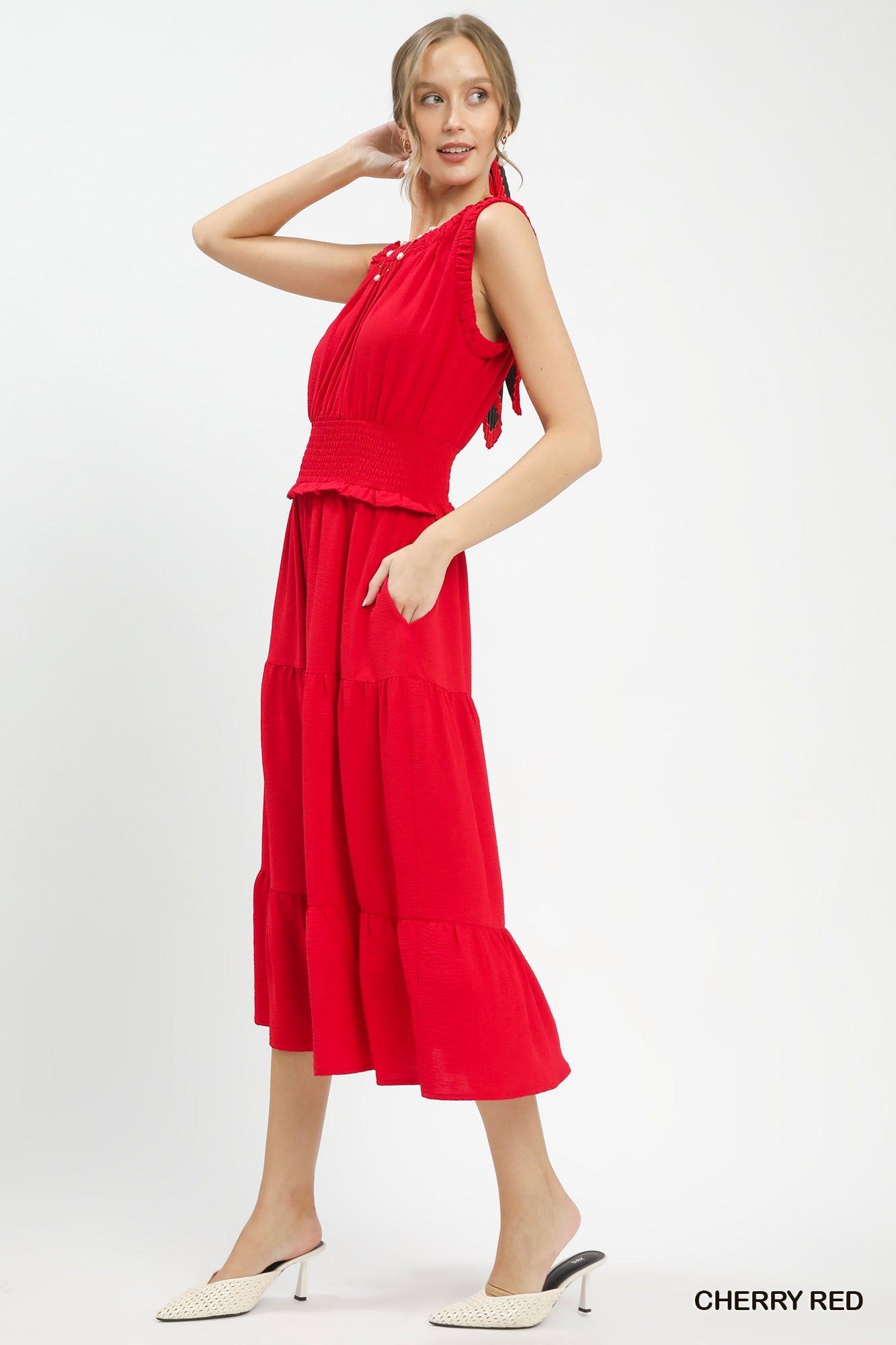 Smocked Waist Tiered Midi Dress for Women with Flowy Tiered Skirt and Elegant Boutique Style