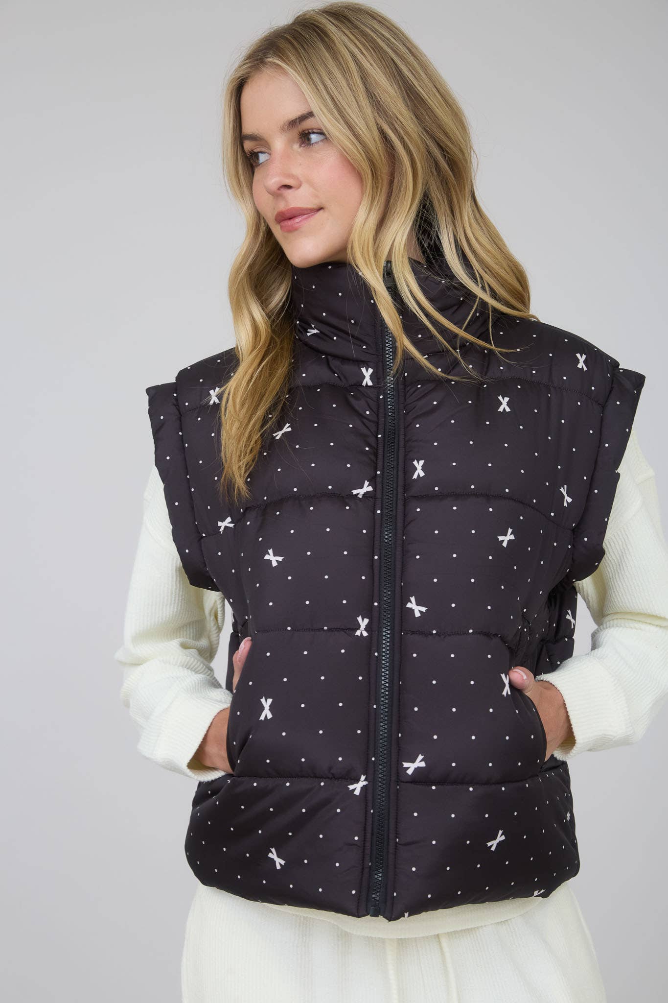 Black Polka Dot Bow Puffer Vest