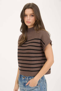 Stripe Mock Neck Short Sleeve Sweater Mocha