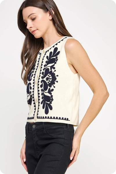 Embroidered Vest Top Ivory & Black