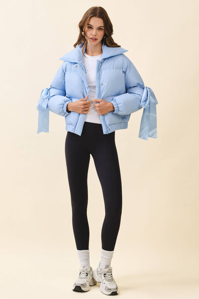 Bow Sleeve Puffer Jacket in Baby Blue