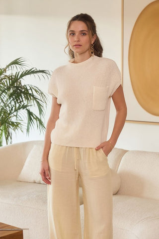 Mock Neck Short Sleeve Pocket Sweater Ivory