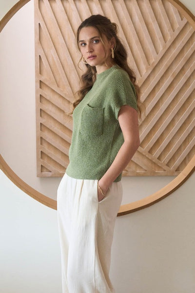 Mock Neck Short Sleeve Pocket Sweater Light Olive