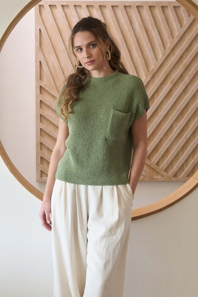 Mock Neck Short Sleeve Pocket Sweater Light Olive