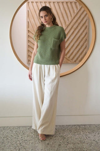 Mock Neck Short Sleeve Pocket Sweater Light Olive