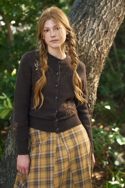 Animal Embroidery Knit Cardigan Brown