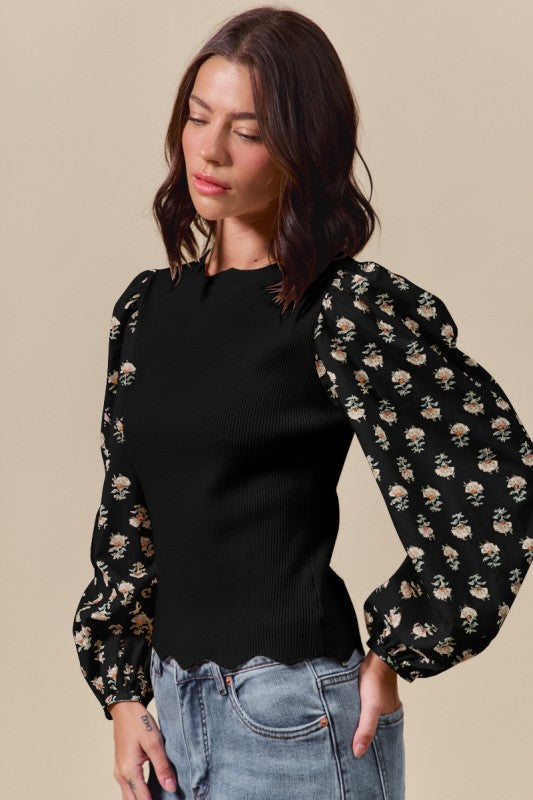 Scalloped Sweater with Floral Contrast Sleeves – Black