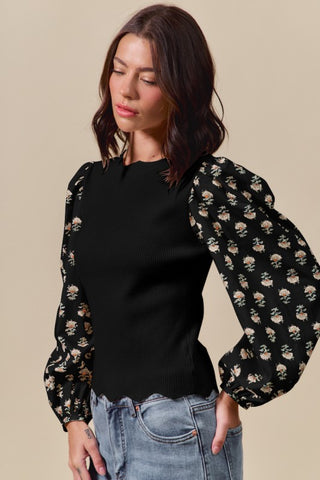Scalloped Sweater with Floral Contrast Sleeves – Black