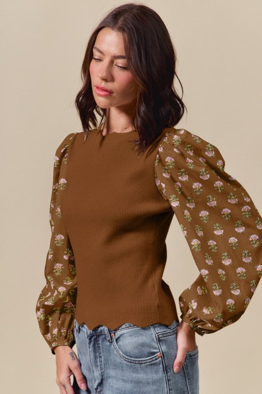 Scalloped Sweater with Floral Contrast Sleeves – Brown