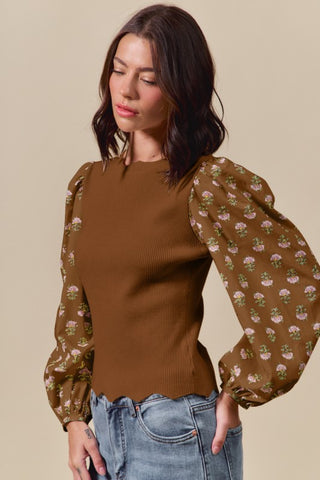 Scalloped Sweater with Floral Contrast Sleeves – Brown